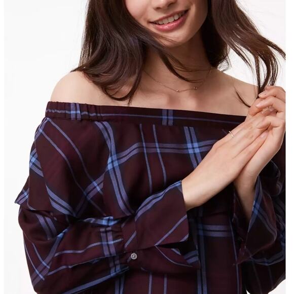 NWT Loft burgundy and blue plaid off the shoulder ruffle top Sz S petite - Picture 2 of 8